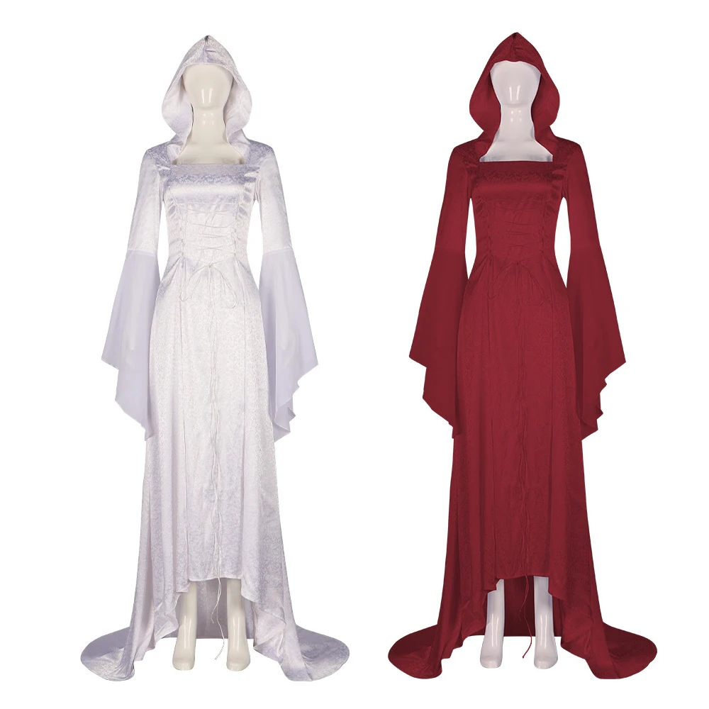 Medieval Wedding Dress for Women Elegant Gothic Lace Up Slim Waist Hooded Dress Halloween Witch Cosplay Carnival Ball Gown