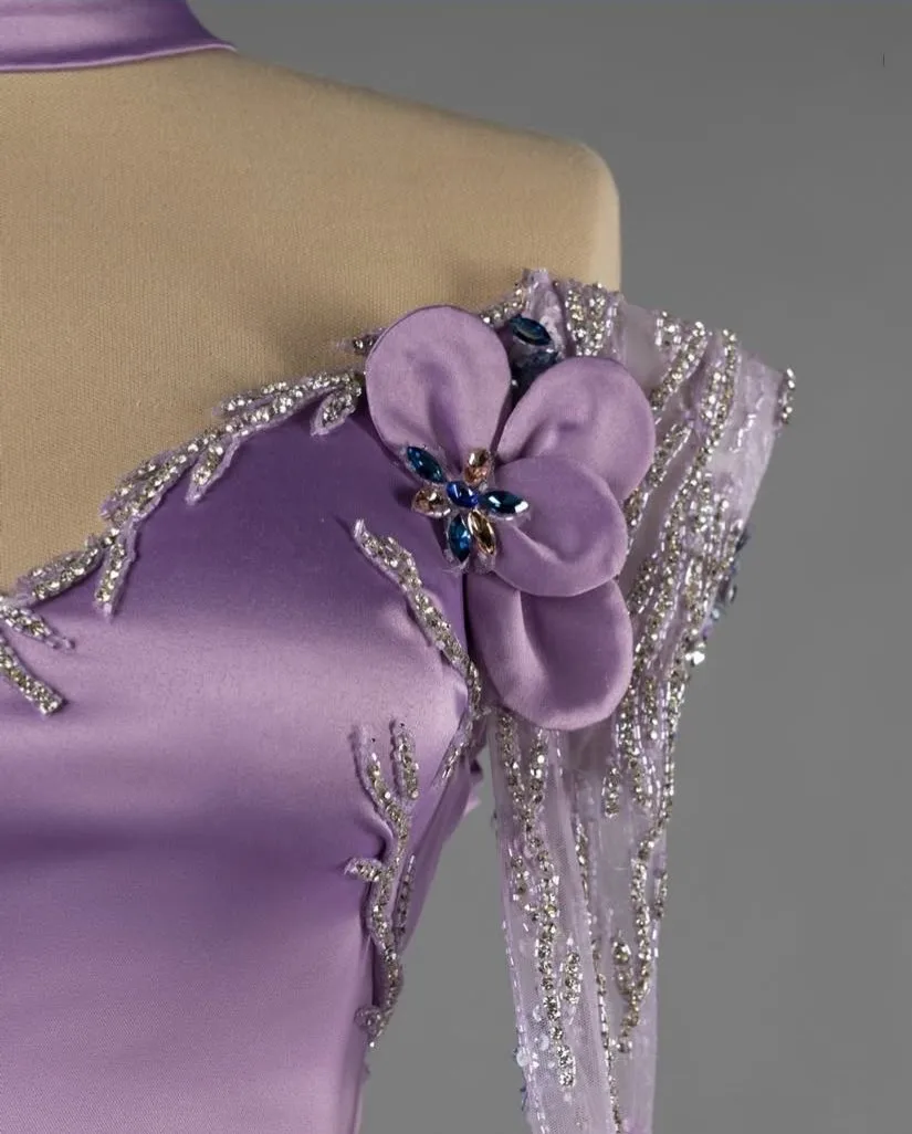 Lindo lilás vestidos de noite dubai fora do ombro alta costura mangas completas vestidos de baile tule miçangas maxi vestido floral em camadas