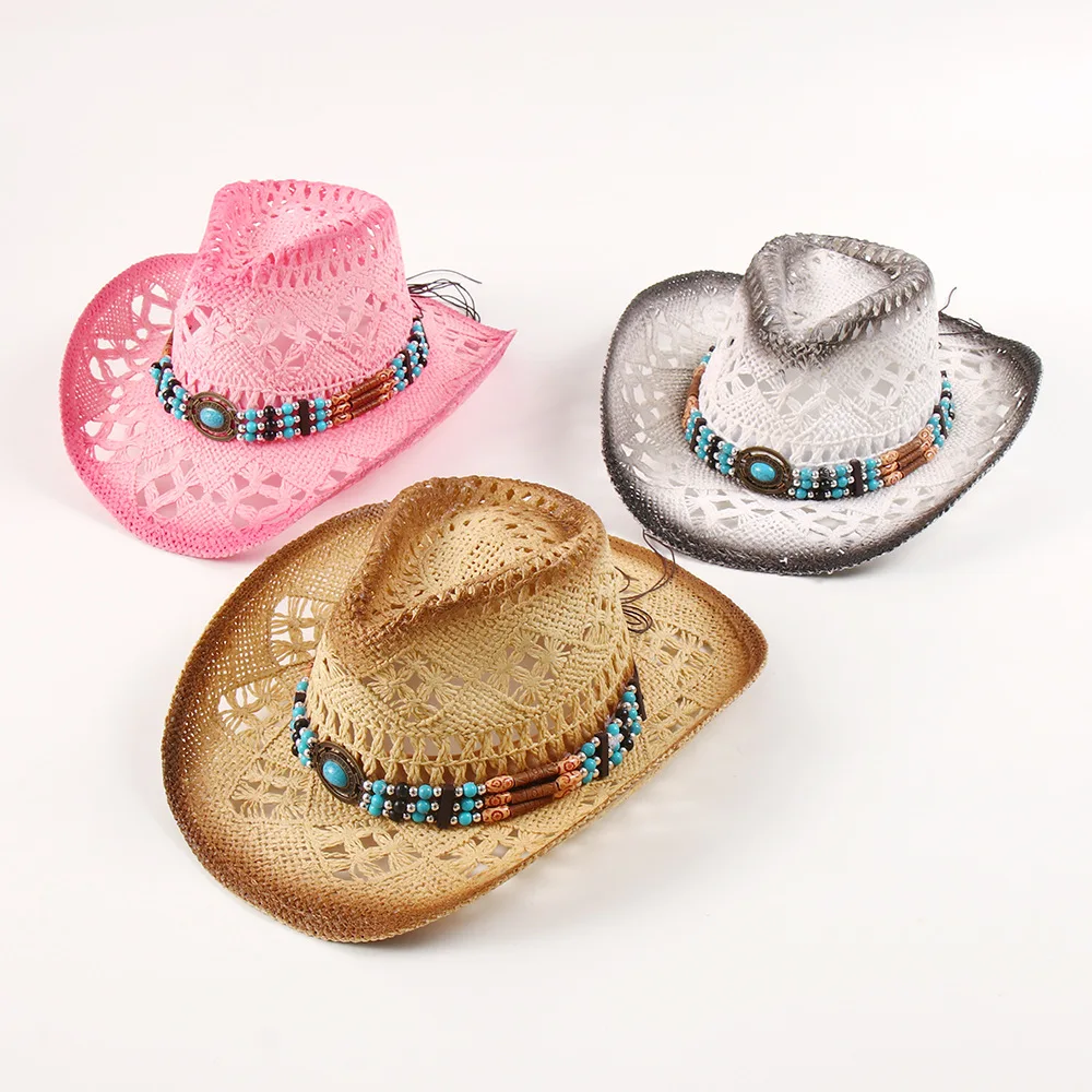 Fashion Gradient Spray Painted Pink Straw Cowboy Hat Hollow Out Sun Cap Unisex