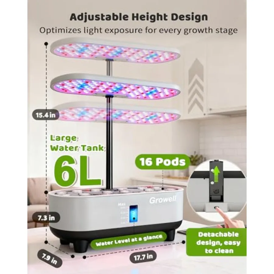 Hydroponics Growing System Premium 16-Pod Indoor Herb Vegetable Fruit Kit Gray 8L