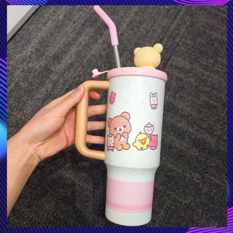 Rilakkuma Thermos Cup 970ml Stainless Steel Insulated Water Cup With Straw And Handle Car Insulated Water Cup Keeps Hot & Cold