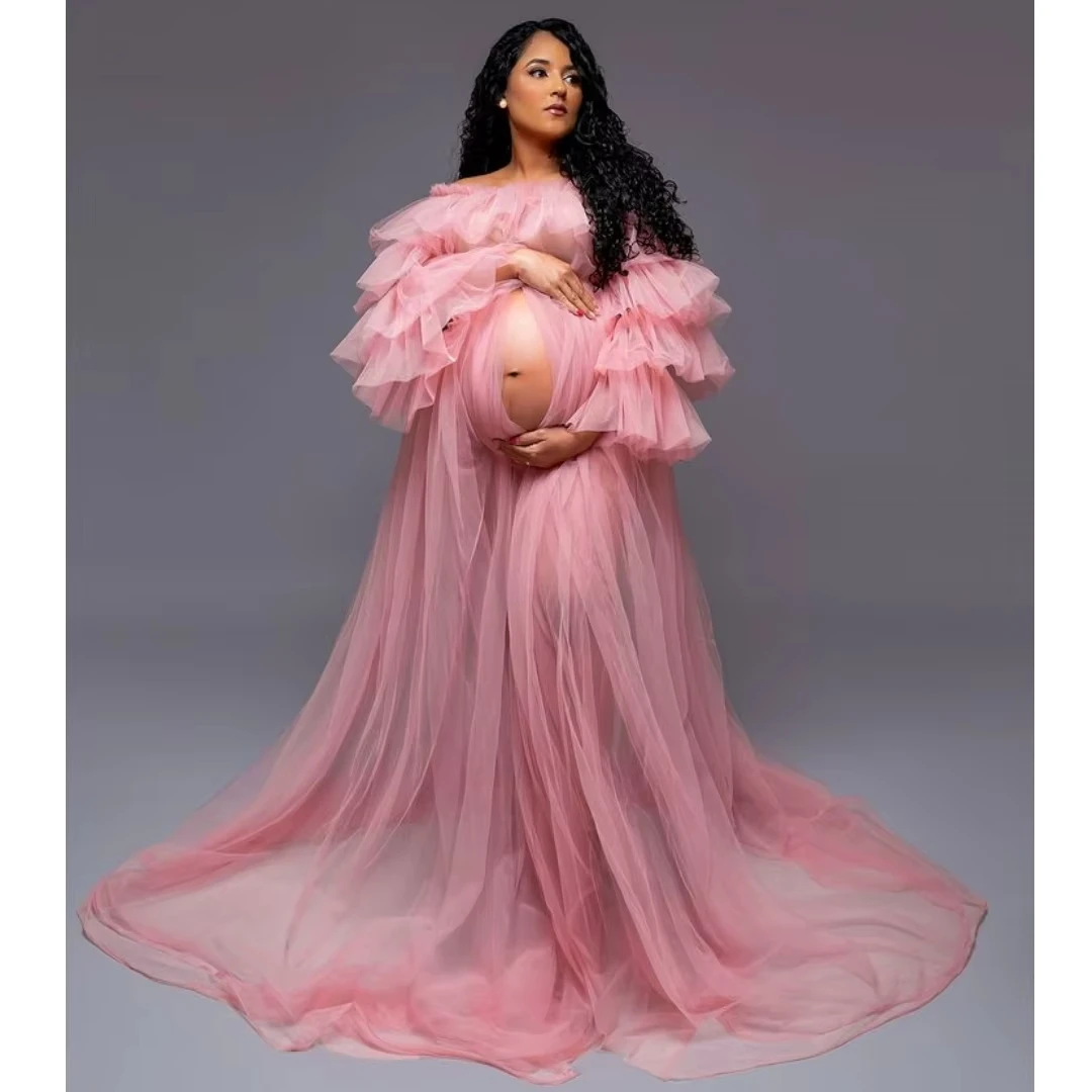 Pink Prom Dresses Layers Long Sleeve Maternity Dress Customized Transparent Vestido De Novia Boudoir Sleepwear Nightwear Robe