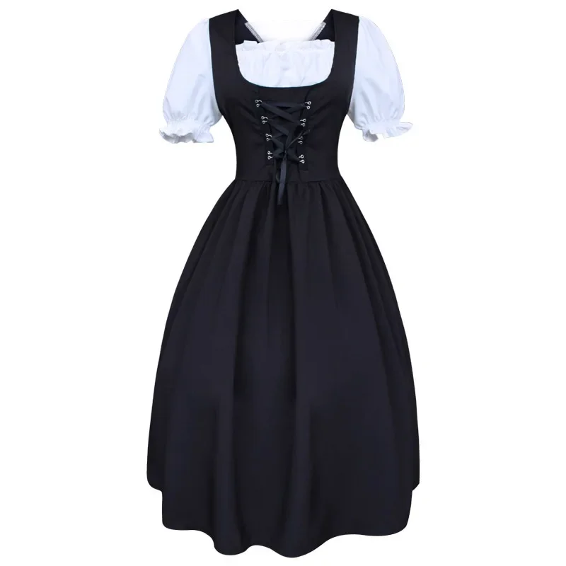 Medieval Women's Dress Drawstring High Waist Slim Bowknot Contrast Color Performance Dress Big Swing Dress Holiday Costume