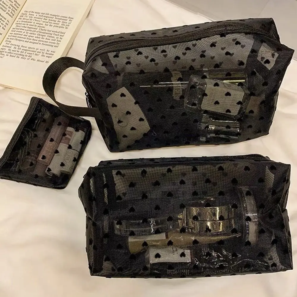 심장 투명 메쉬 메이크업 가방 다기능 휴대용 숙녀 세면 용품 보관 가방 블랙/핑크 립스틱 주최자 가방