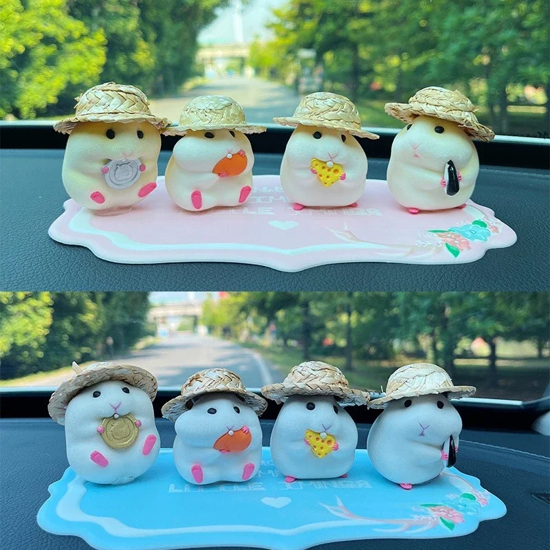 Cute Hamster with Straw Hat Car Ornament Car Decoration Hamster Auto Interior Dashboard Accessories