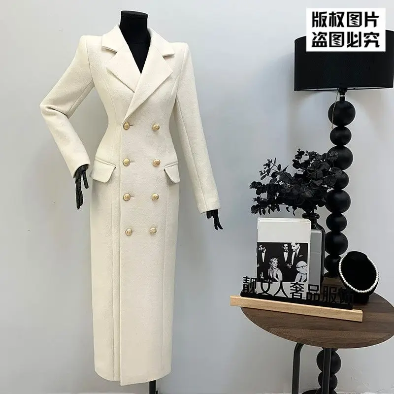 Luxury High Quality X-Long Double-Breasted Wool Coat for Women Winter Melard New Slim-Fit Thick Coat Warm Autumn Tweed Jacket