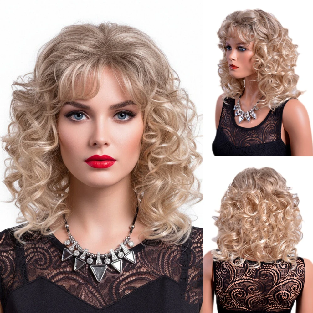 

MSIWIGS 14 Inches Short Blonde Ombre Curly Wigs with Bangs American Afro Synthetic Wig for Women Heat Resistant