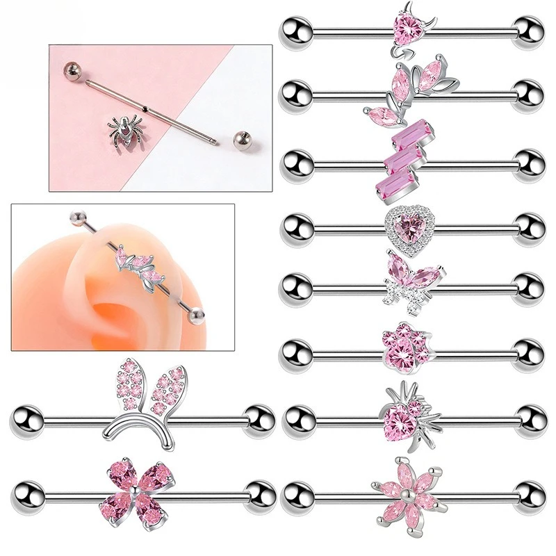 Ins Niche Titanium Pink CZ Industrial Barbell Earring Butterfly Flower Heart Long Bar Cartilage Stud Double Ear Piercing Jewelry