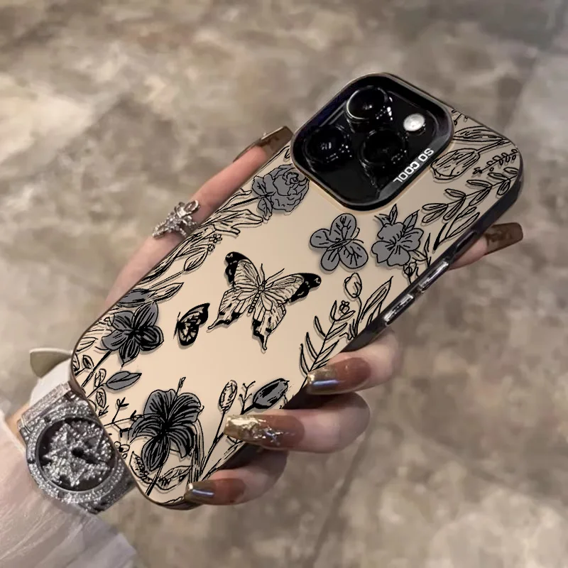 Sketch Flower Butterfly Phone Case for iPhone 11 15 ProMax 12 13 14 Pro X 7/8 Plus XR XSMax Laser Plated Shockproof Bumper Cover image 6