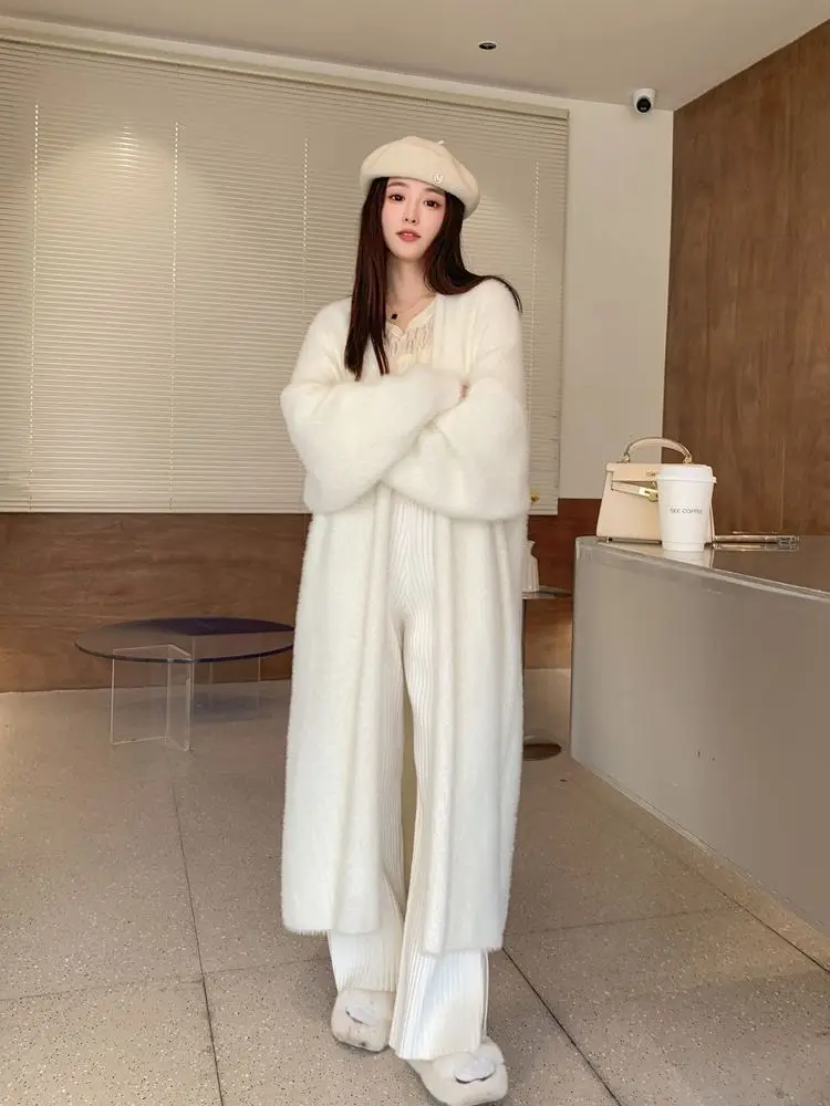 white Long Cardigan for women 2024 winter clothes Knitted fluffy long sleeve Cashmere sweater coat clotkorean style warm vintage