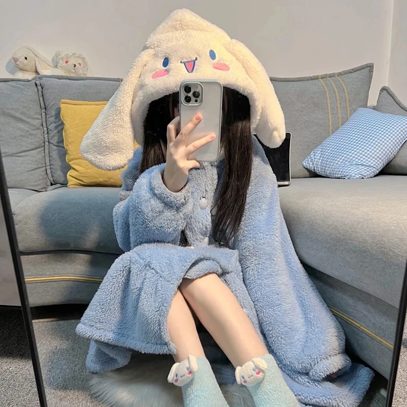 Sanrio Cinnamoroll Babycinnamoroll Coral Velvet Night-Robe Female Winter Student Cute Bathrobe Thick Thermal Pajamas Girls Gift