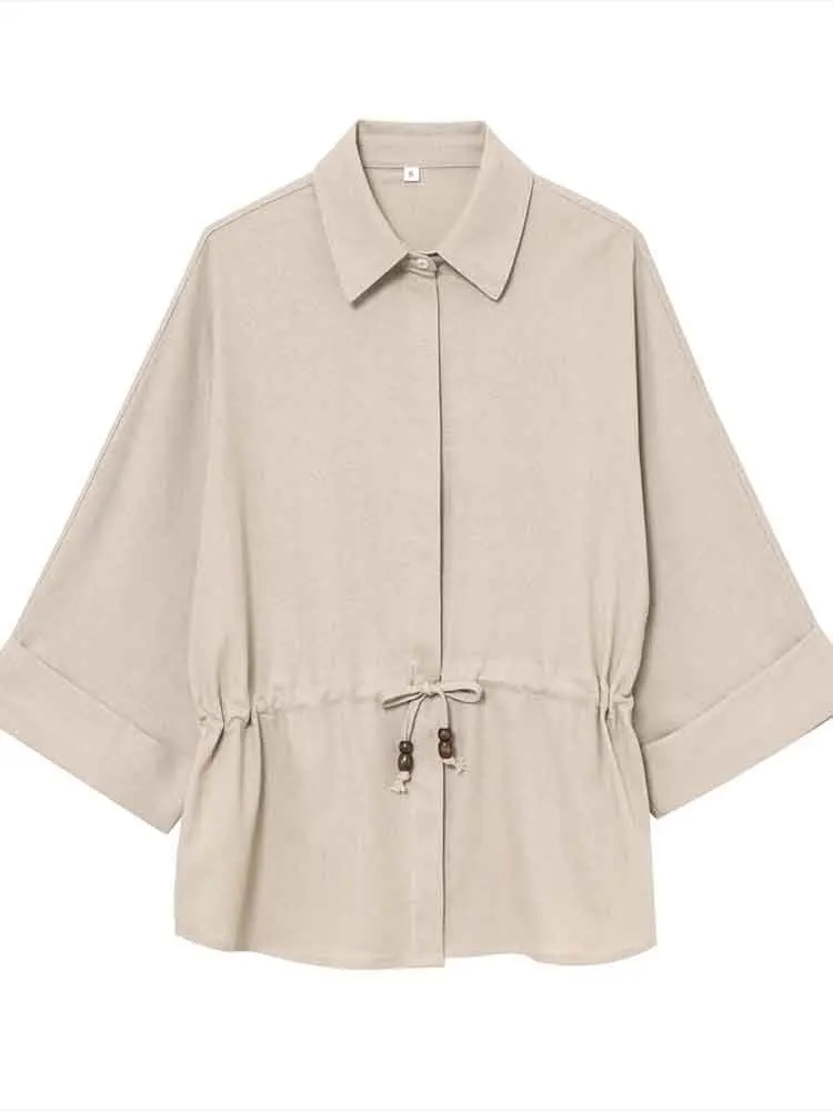 

European style new women's fashion versatile simple linen blended drawstring design long sleeve shirt
