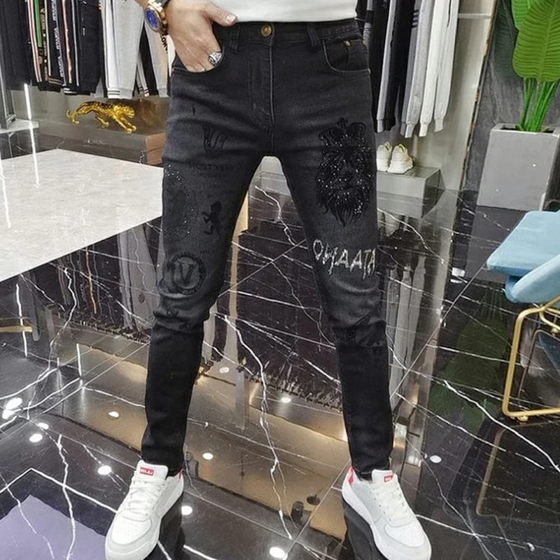 Fashion Men‘s Skinny Jeans Stick Rhinestone Slim fit Stretch Jeans Man Letter Casual Spring Autumn Men Denim Small Foot Pants