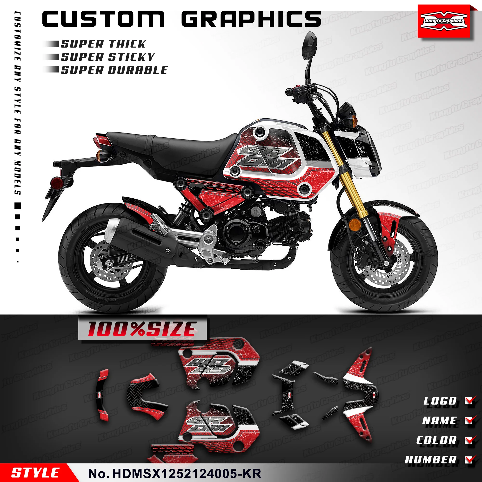 KUNGFU GRAPHICS Racing Stickers Kit Wrap for HONDA Grom MSX 125 2021 2022 2023 2024 Pocket Bike, Minibike,HDMSX1252124005-KR