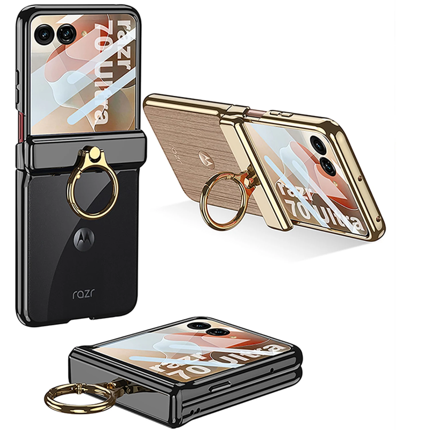 Galvanisierte Transparente Handyhülle für Motorola Razr 70 60 Ultra mit Metallring-Halter Scharnier-Glasschutzfolie Cover