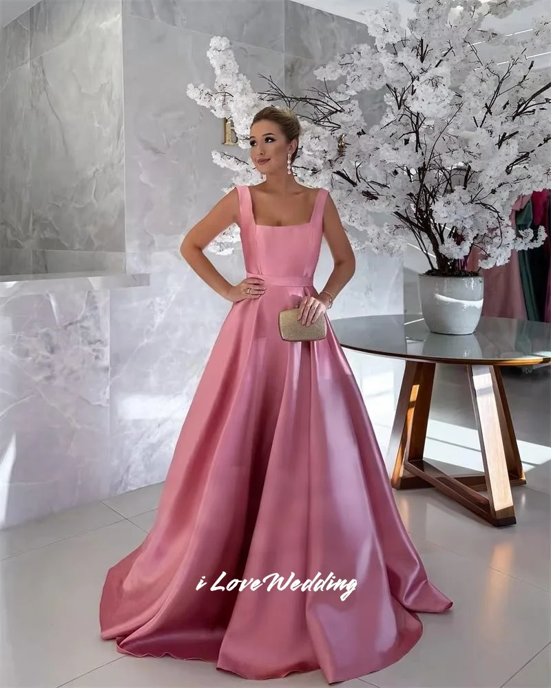 ピンクのスクエアネックプロムドレス2025ノースリーブAラインボウイブニングドレスフロアレングススイープトレインプリーツパーティードレスカスタムメイド