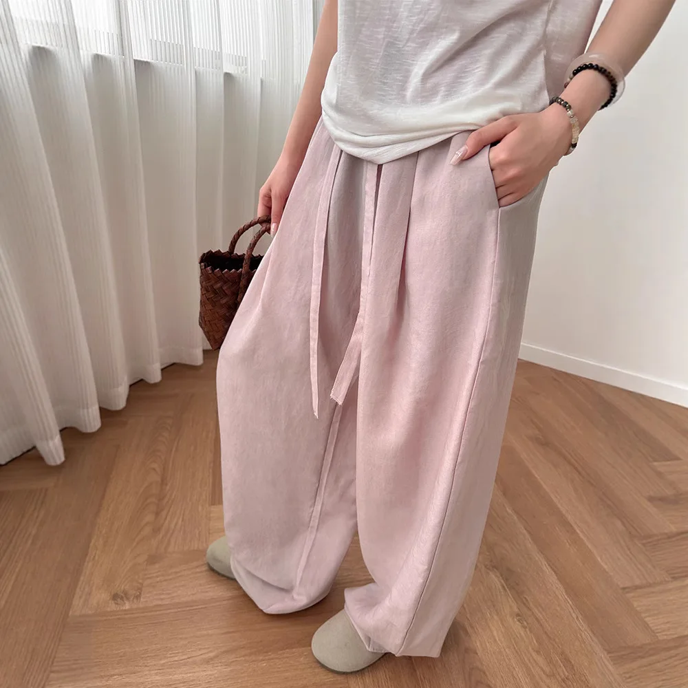 Women's Wide-leg Pants Summer Thin Linen Loose Straight Casual Baggy Pants Full Length Drawstring Solid Color Trousers Women