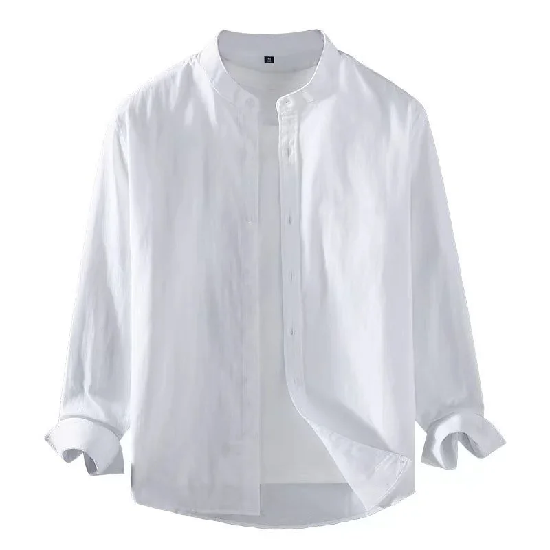 

2023 Spring Summer Men's Linen Shirt Pure White Stand Collar Long Sleeve Henley Soft Comfortable Simple Slim Fashion