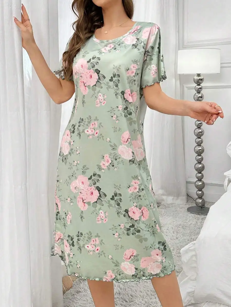 

Floral Printed Round Neck Short Sleeve Sleep Dress For Women Summer