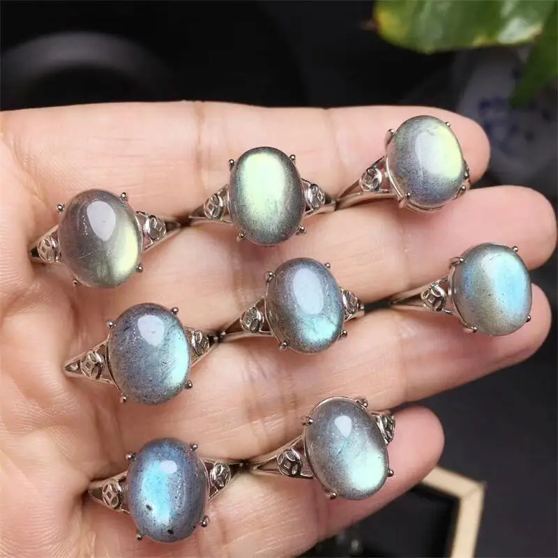 Natural Labradorite Ring Healing Stone Gems Crystal Silvery Resizable Finger Rings Women Fashion Jewelry