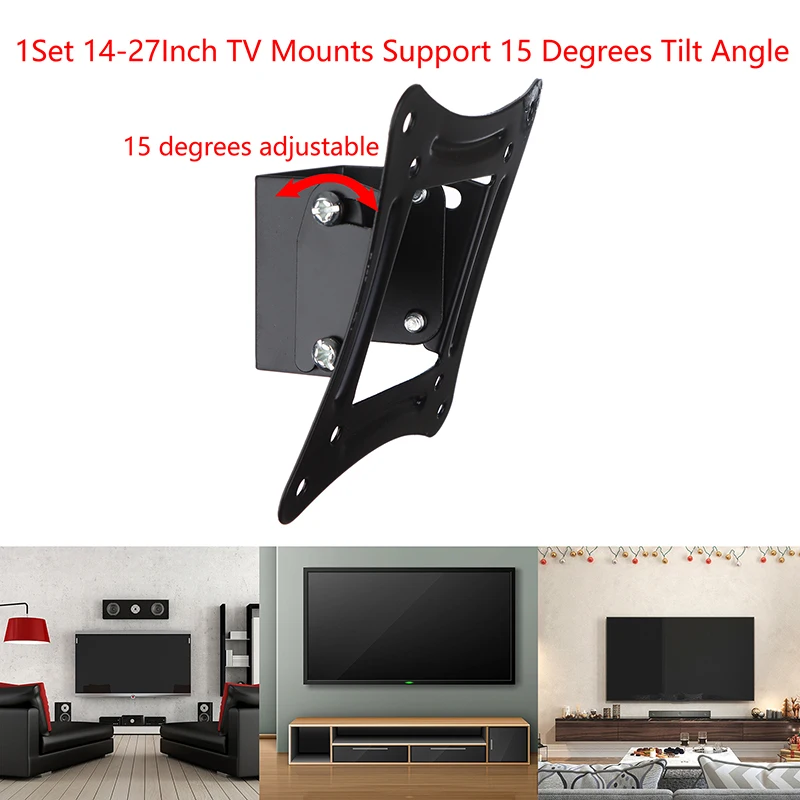 1 conjunto de montagens de tv de 14-27 unidades, monitor lcd led, suporte de montagem na parede, painel plano fixo, suporte para moldura de tv, ângulo de inclinação de 15 graus com parafuso