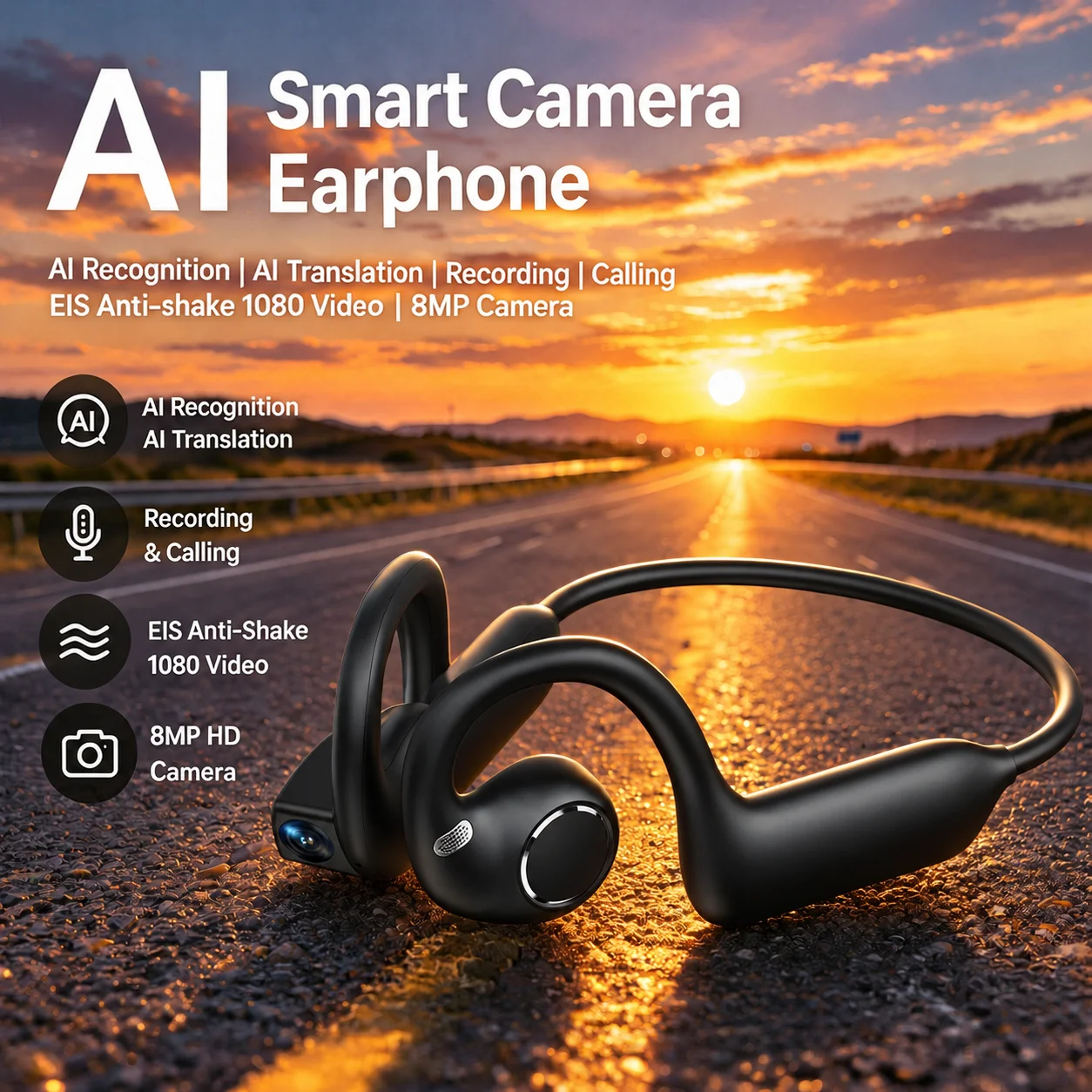 New Multifunction AI Smart Headphones 8MP Camera 1080P EIS Video Sound Recording Object Recognition Translation Calls Headphones