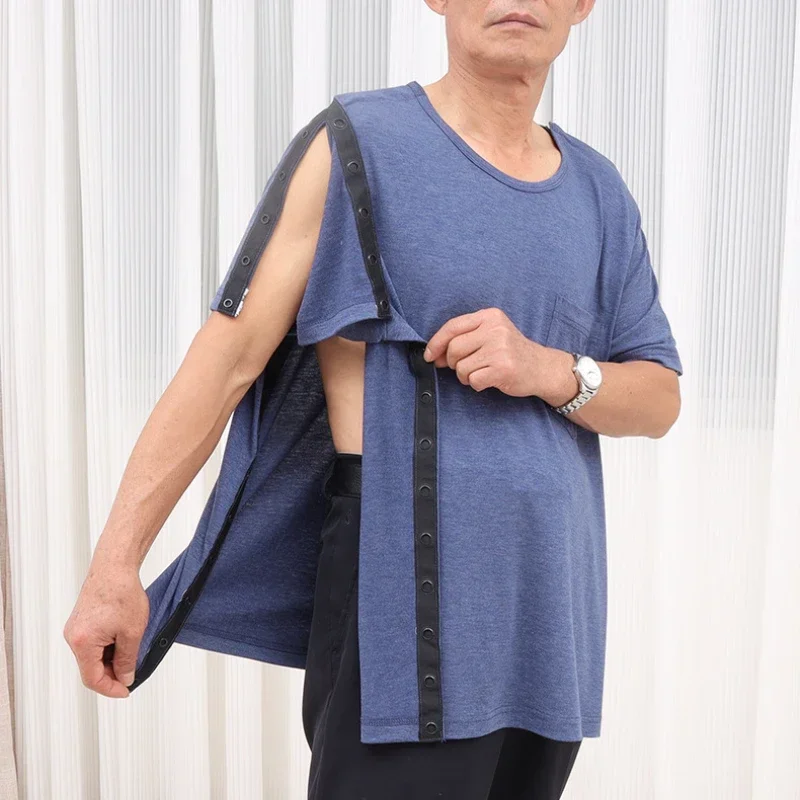 Easy Wear Take Off Button Style Patient T-shirt Bedridden Elderly Care Clothing Postoperative Acupuncture PICC for Arm Fractures