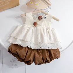 Infant Baby Girl’s Skirt Two Pieces Casual Suspender Ruffles Vintage Flower Embroidered A-line Skirt Top+pants Girl's set