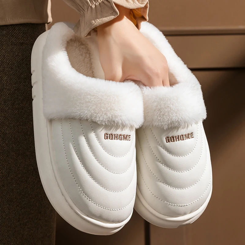 

Women's Men's Winter Warm Plush Slippers Waterproof PU Leather Platform Non-Slip Indoor Outdoor Home Slippers White