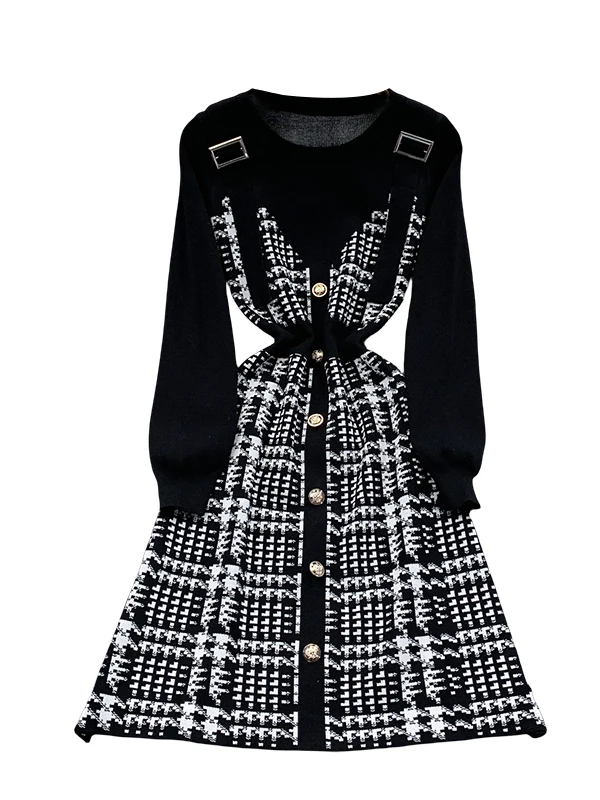 Koreanische Sle Gestrickte Midi Dr frauen Herbst Winter Button up Slim Fit Plaid Wrap Taille runde Ne Lange Sve Ci pendeln