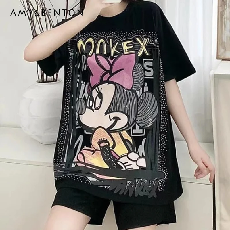 

Rhinestone Cartoon Loose Short Sleeves T-shirt Top + Elastic Waist Wide-leg Shorts Two-piece Sets Women's Kawaii Clothes Outfits