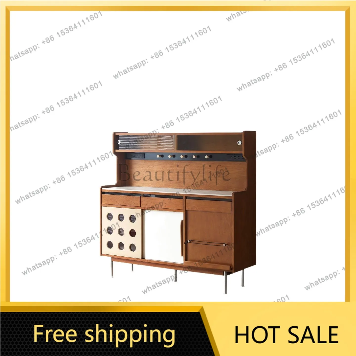 LJY solid wood dining side cabinet medium antique rock slab locker living room entrance storage