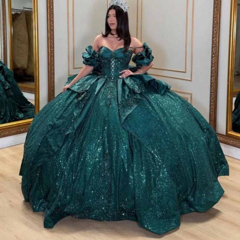 

Dark Green Shiny Quinceanera Dresses Off The Shoulder Applique Lace Beading Crystal Bow Tull Party Birthday Sweet 16 Dress