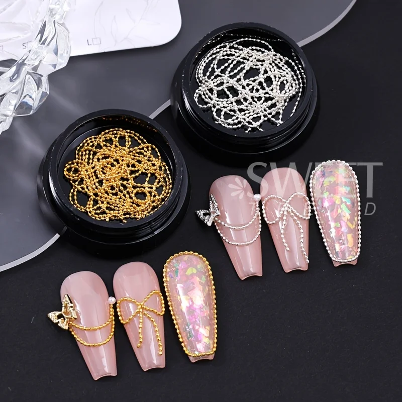 1 Bottle Gold Silver Chains Nail Art Charms 1mm Metallic Chain Additions Jewelry DIY Elegatn Japanese Style Manicure Decor Parts