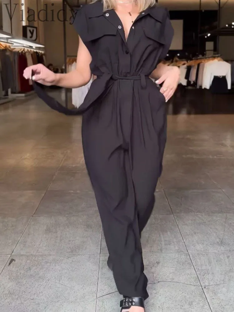 ثوب فضفاض نسائي مثير بلون سادة وياقة مقلوبة وأكمام قصيرة وجيوب وحزام مستقيم الساق