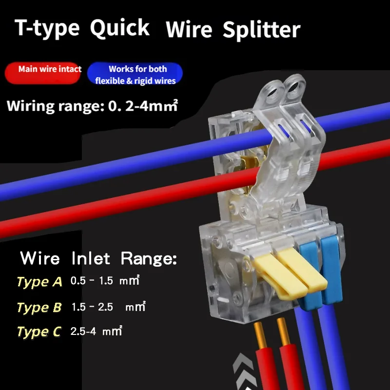 Main Cable Unbroken Electrical Terminal Splitter，T-Type Quick Wire Terminal Block