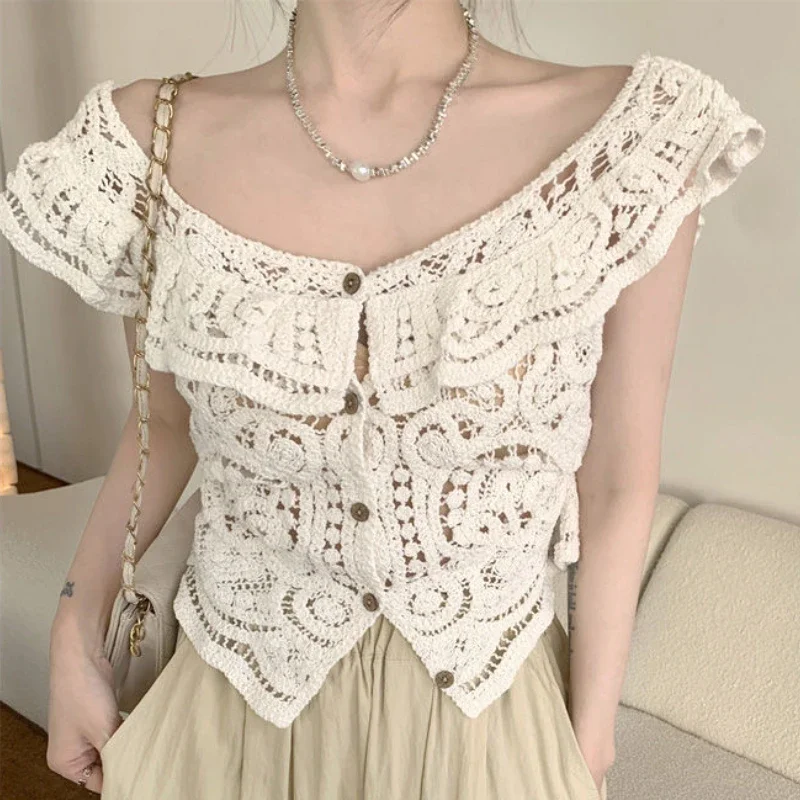 

Women Elegant Hollow Out Leisure Streetwear Design Solid Attractive Romantic Loose Sweet Spicy One Shoulder Cardigans