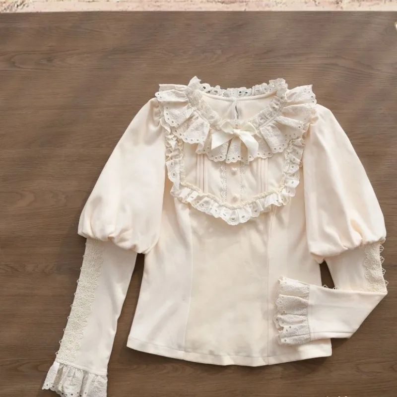 Kimotimo Japanese Lolita Long Sleeve Shirt Women Autumn Winter Lace Ruffle O-neck Slim Base Top Elegant Sweet Y2k Blouse Vintage