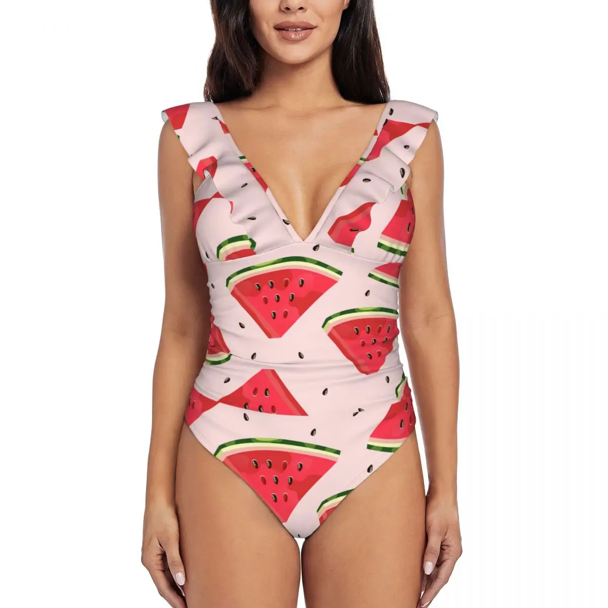 Women Watermelon One Piece Swimwear Sexy Ruffle Swimsuit Summer Beach Wear Slimming Bathing Suit