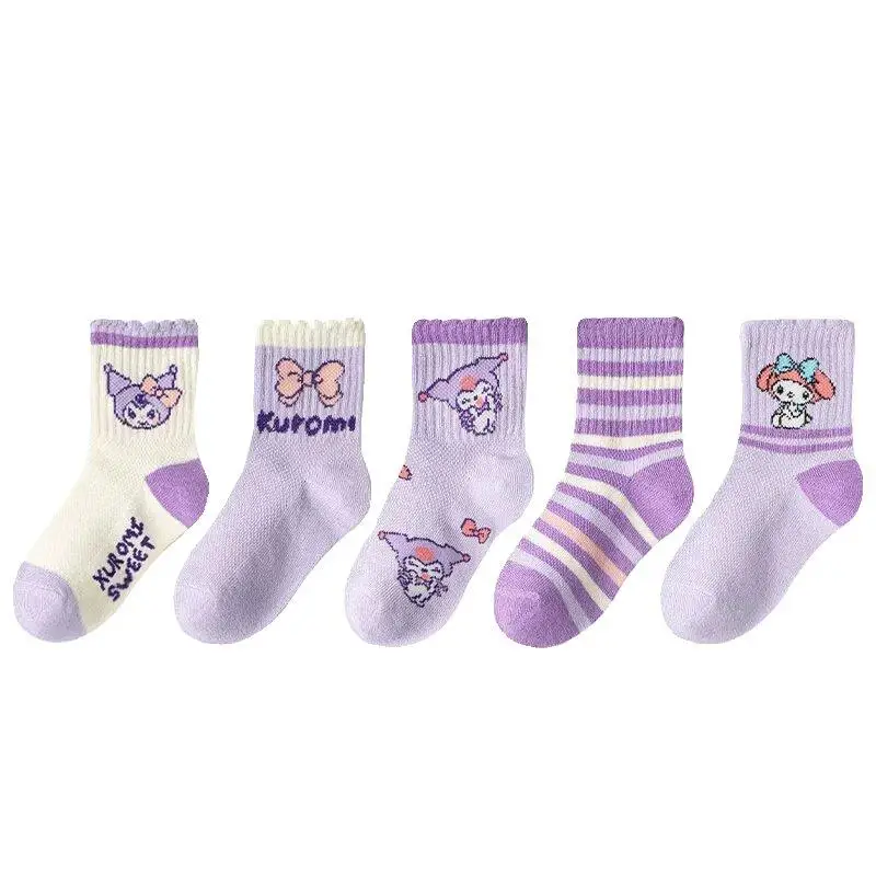 5Pcs Summer Cartoon Sanrios Socks Cute Kuromi Melody New Mesh Breathable Sweat Wicking Versatile Girls Baby Students Short Socks