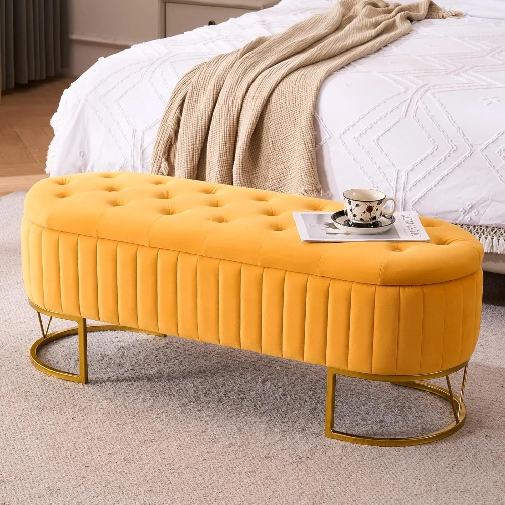 

46" Tufted Upholstered Storage Ottoman Bench – Elegant Bedroom and Entryway Seating with Gold Metal Legs, Ideal for Living and D
