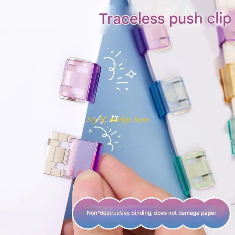 D7YC 20Pcs Candy Colored Clear Push on Clips Plastic Paper Clip Documents Organiser Clips for Home Office School Supplies