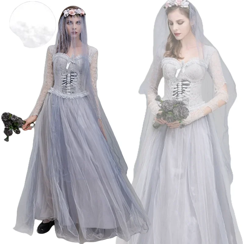 Ladies Ghost Bride Halloween Cosplay Clothes Corpse Bride Corset Dress and Veil  Carnival Outfit Lady Fashion Slim