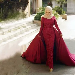 New Muslim Arab Luxury Evening Dress High Neck Long Sleeves Lace Appliques Detachable Train Formal Dress Floor-Length Party Dres