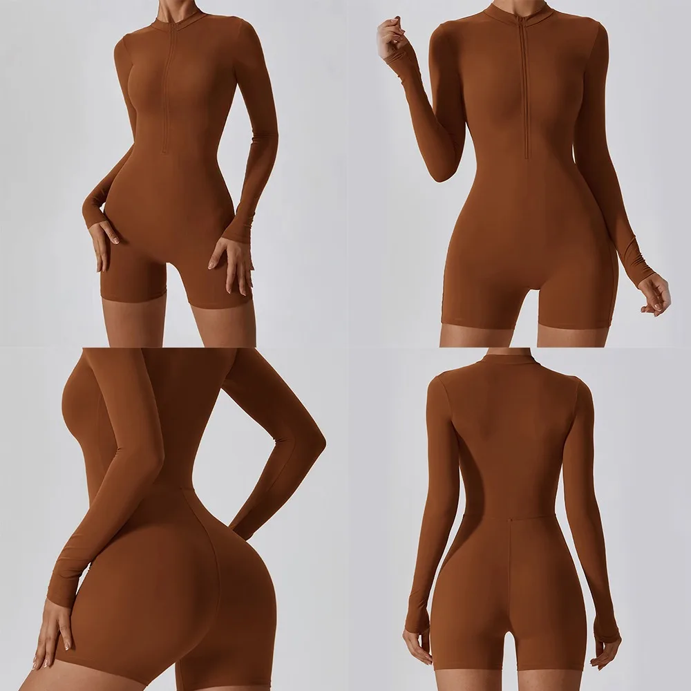 

Sexy Zipper Long Sleeve Jumpsuits Solid Color Multipurpose Workout Tracksuit Long Sleeve Fitness Bodysuit Yoga