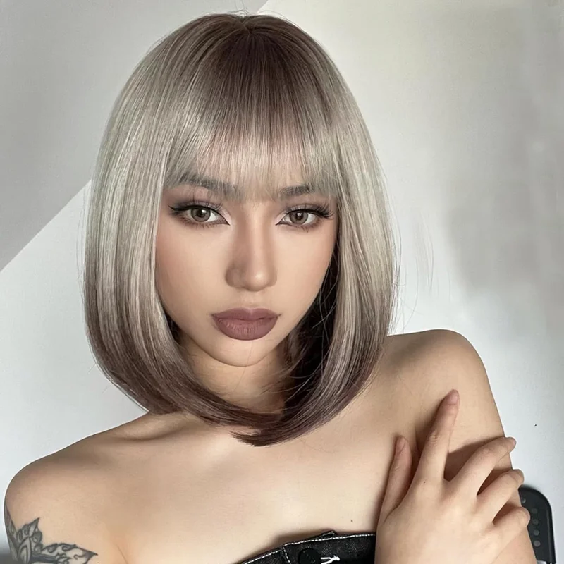 Short Straight Synthetic Wigs for Women Blonde to Brown Ombre Bob Wig with Bangs