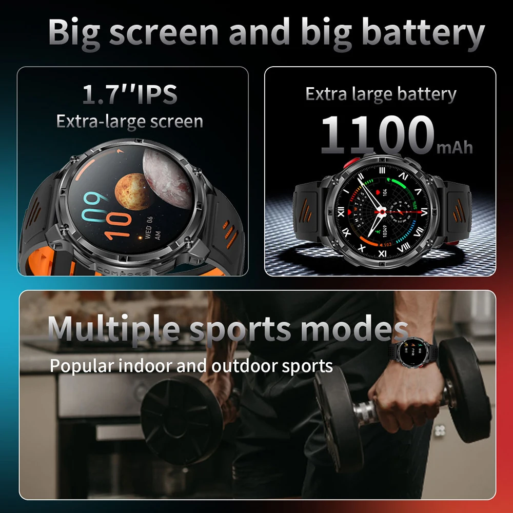 HT33 Smart Watch Men Women Compass Flashlight Smartwatch 1100mAh Large Battery Wrist Watches Digital Wristwatch Fitness Bracelet