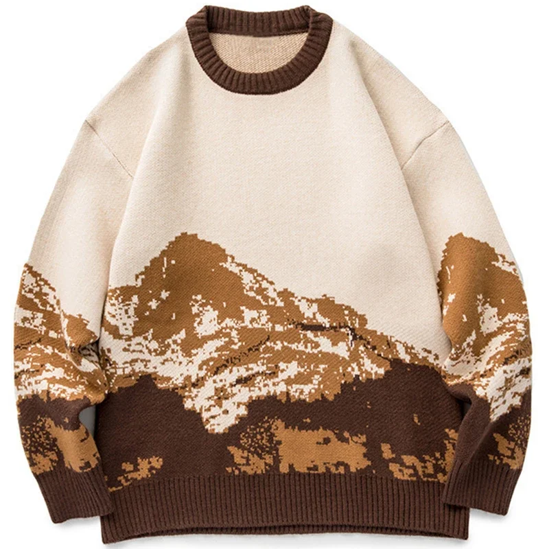Men Vintage Japanese Style Snow Mountain Knitted Sweater Y2K Hip Hop Streetwear Harajuku Sweater Winter Casual Pullover Knitwear