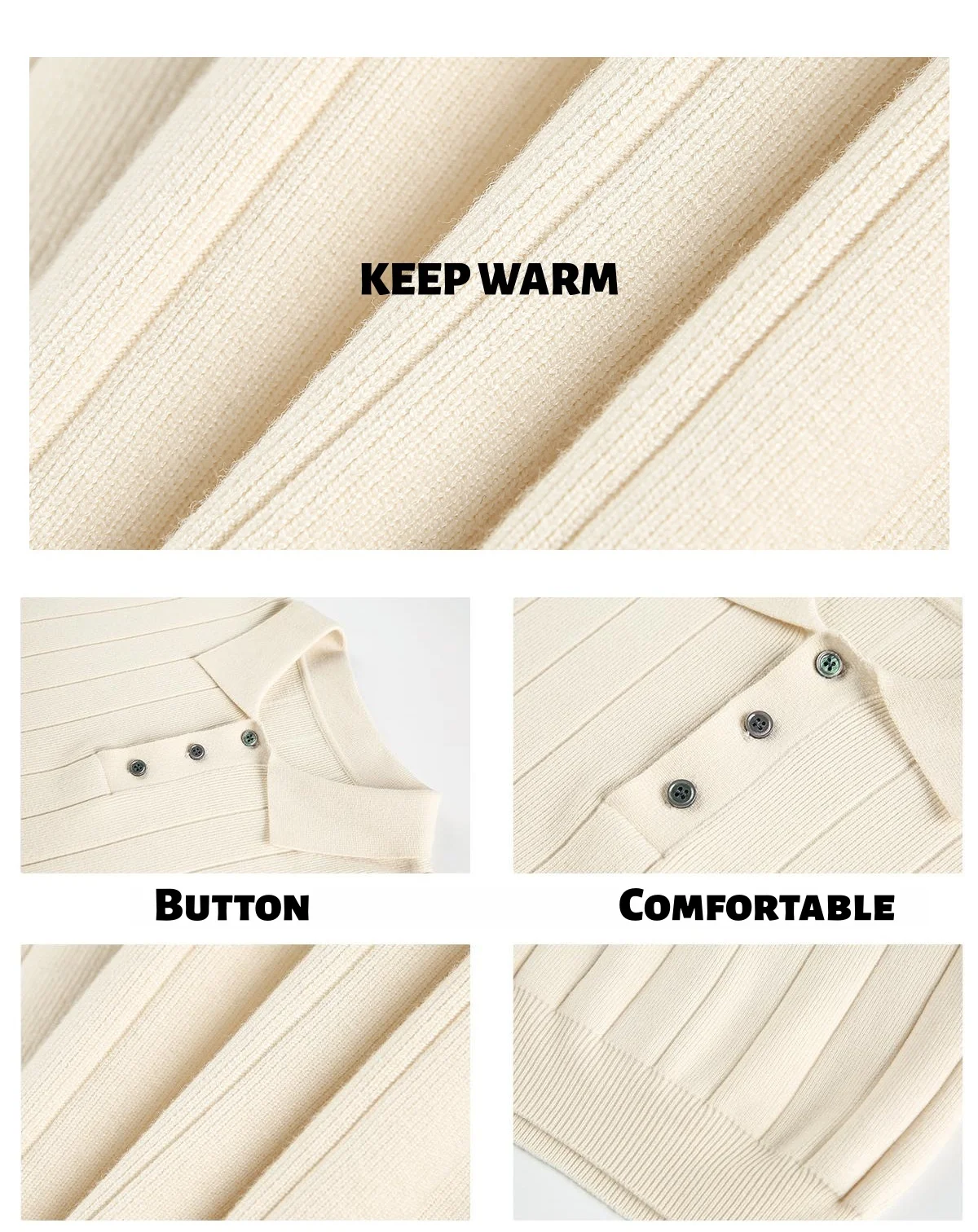Textured Collar Sweater for Men Autumn Winter Textured Polo Knit Casual Long-Sleeve T-Shirt Warm  Soft
