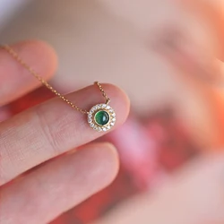 Huitan Vintage Green Pendant Necklace for Women Dainty Round Charm Temperament Elegant Female Accessories Wedding Jewelry Gift